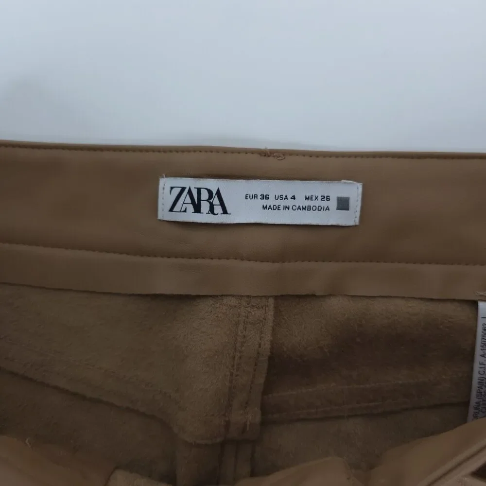 Zara Pants Womens 4 (27x25.5) Vegan Brown Faux Leather Flare Mid Rise‎